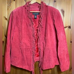 Dialogue Women’s Red Suede Leather Fringe Open Front Western Boho Jacket Large